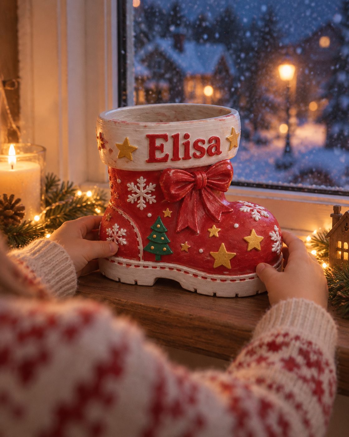 Detské ruky kladú vymaľovanú čižmičku s menom Elisa k oknu